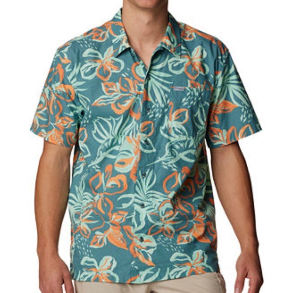 Columbia Men’s PFG Trollers Best Short Sleeve Shirt Size XXL Green Hawaiian Mesh